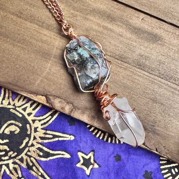 Handcrafted Copper Wire Wrapped Raw Emerald & Crystal Necklace - Picture 1 of 2